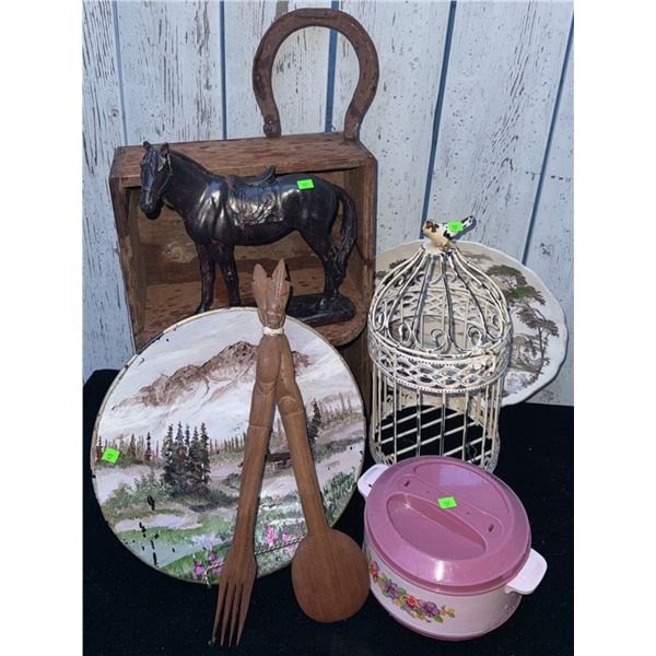 Lot With Metal Birdcage, Metal Horse, Hand-Painted Plates and Wooden Box