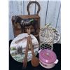Image 1 : Lot With Metal Birdcage, Metal Horse, Hand-Painted Plates and Wooden Box