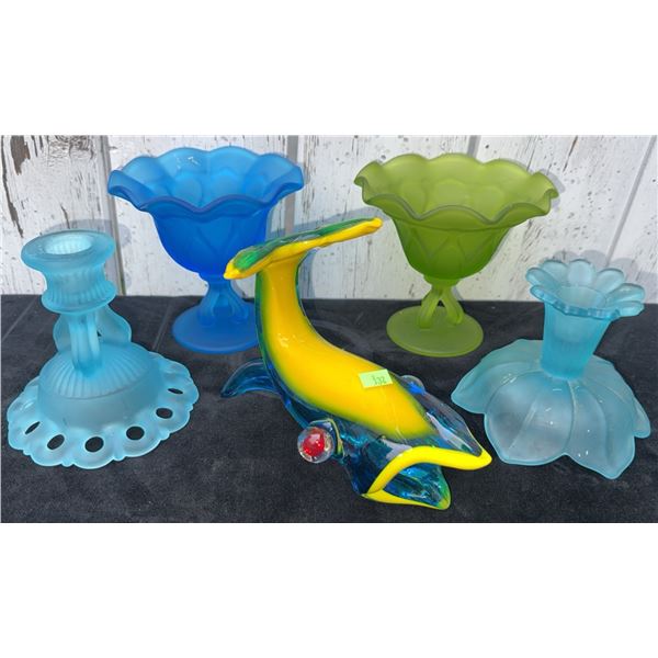 Frosted Blue and Green Glass Holders with Murano Style Dolphin Figurine