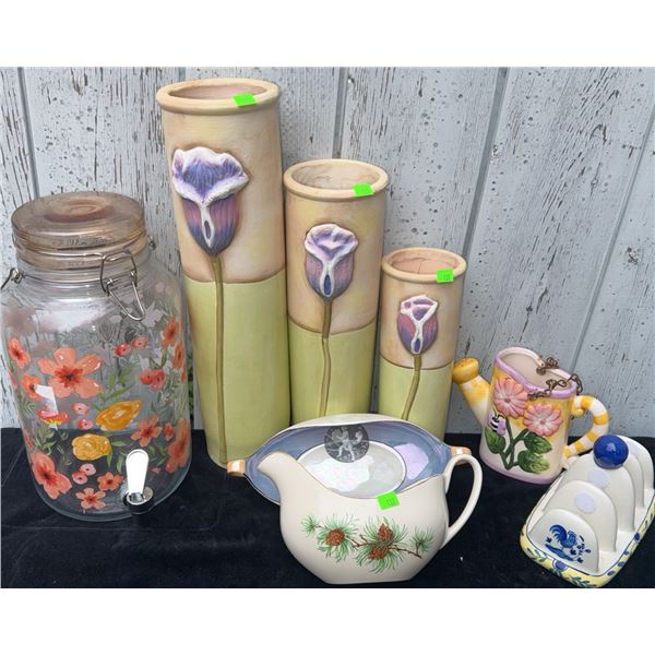 Ceramic Pitchers, Floral Glass Dispenser, Vases, and Tableware Grouping