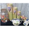 Image 1 : Ceramic Pitchers, Floral Glass Dispenser, Vases, and Tableware Grouping