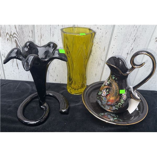 Black Glass Flower Stand, Yellow Glass Vase, Hand-Painted Pitcher and Bowl Set