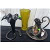 Image 1 : Black Glass Flower Stand, Yellow Glass Vase, Hand-Painted Pitcher and Bowl Set