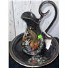Image 2 : Black Glass Flower Stand, Yellow Glass Vase, Hand-Painted Pitcher and Bowl Set