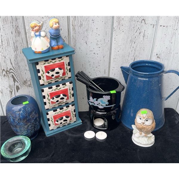 Ceramic Figurines, Trinket Drawers, Blue Jug, Candle Holder and Vase