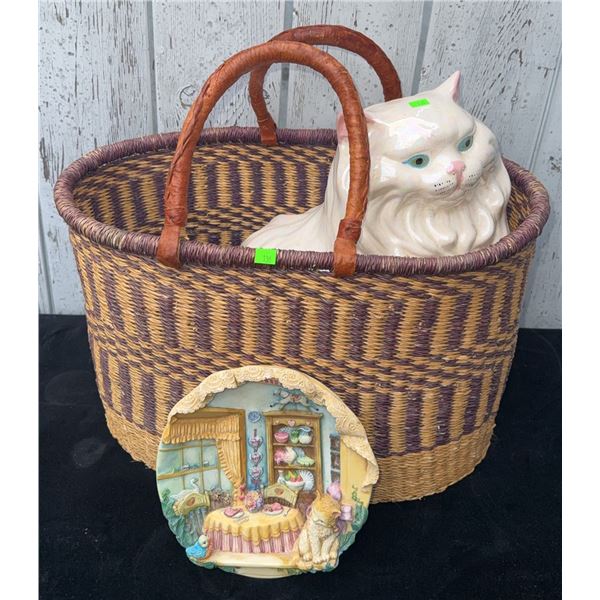 Woven Basket with Ceramic Cat Figurine and 3D Cat Kitchen Scene Plaque