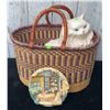Image 1 : Woven Basket with Ceramic Cat Figurine and 3D Cat Kitchen Scene Plaque