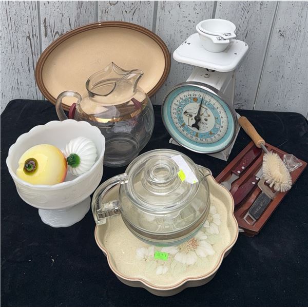 Kitchenware Lot with Pitcher, Glass Teapot, Vintage Scale, and Utensils