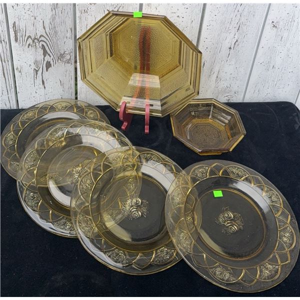 Amber Glass Dinnerware Set with Gold Trim, Includes Plates and Octagonal Bowls