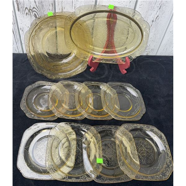 Yellow Depression Glass Serving Set with Plates, Bowls, and Platters, 11 Pieces