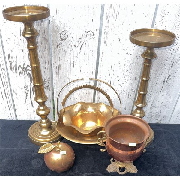 Brass and Copper Decorative Lot: Candleholders, Basket, Apple, Pedestal and Bowl