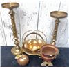 Image 1 : Brass and Copper Decorative Lot: Candleholders, Basket, Apple, Pedestal and Bowl