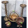 Image 2 : Brass and Copper Decorative Lot: Candleholders, Basket, Apple, Pedestal and Bowl