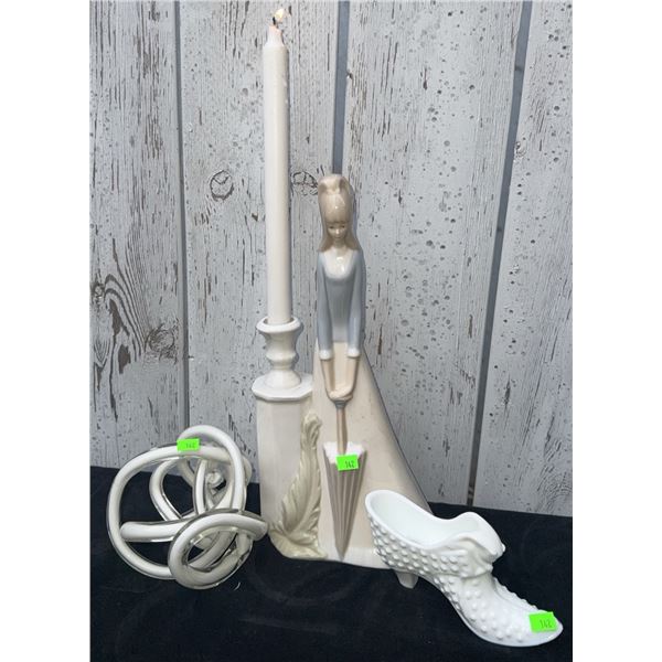 Three Decorative Items: Lady Figurine Candleholder, White Glass Shoe, Knotted Orb