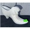 Image 3 : Three Decorative Items: Lady Figurine Candleholder, White Glass Shoe, Knotted Orb