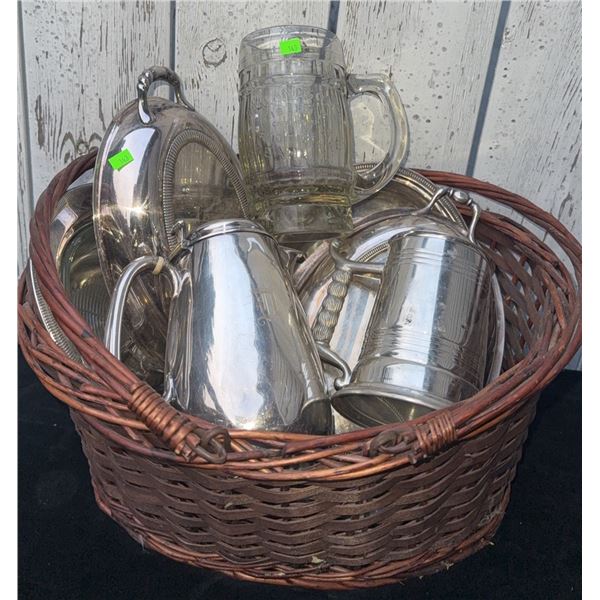 Silver-Plated Tableware and Glass Beer Stein in Wicker Basket