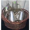 Image 1 : Silver-Plated Tableware and Glass Beer Stein in Wicker Basket