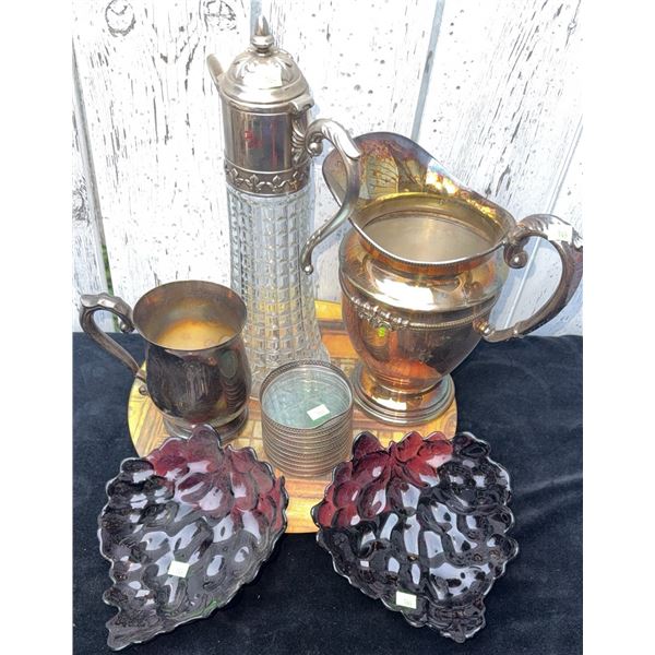 Silverplate and Glass Drinkware Set with Pitchers Trays and Leaf Dishes