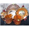 Image 1 : Carnival Glass Creamer and Sugar Bowls, Hand-Painted Plates, and Parrot Figurine