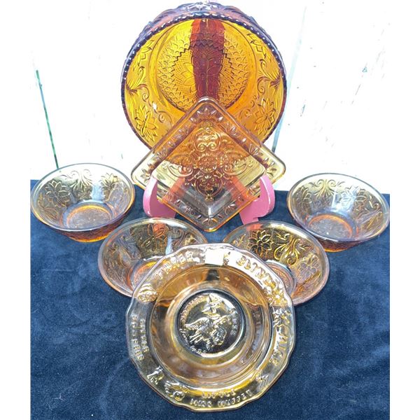 Amber Glass Dish Set with Floral and Nursery Rhyme Designs, 7 Pieces