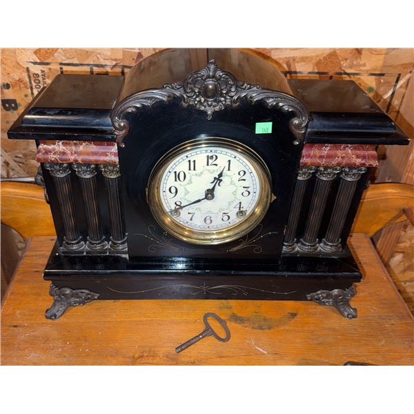 Black Mantel Clock with Ornate Detailing, Marble Accents, and Wind-Up Key