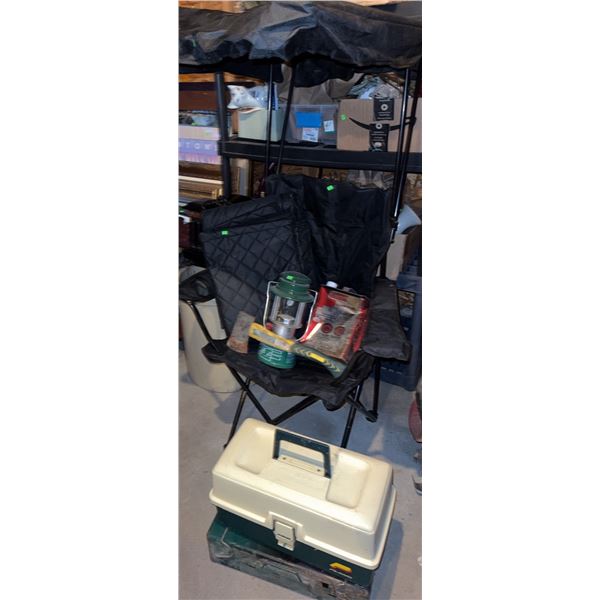 Camping Lot With Coleman Lantern, Axe, Fuel Can, Plano Box, Chairs, Swing Top
