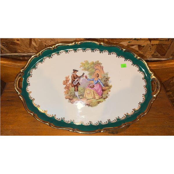 Porcelain Oval Serving Tray with Gold Trim and Courting Scene Decoration