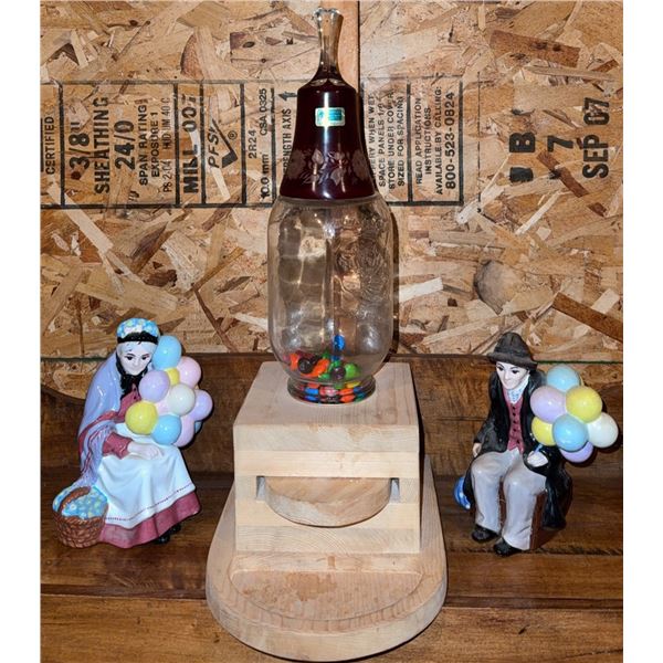 Crystal Decanter Top Candy Dispenser with Wooden Base and Ceramic Balloon Vendors Pair