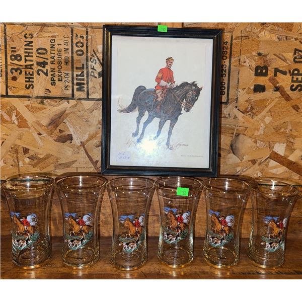 Six Horse and Rider Printed Drinking Glasses with Framed NWMP Print