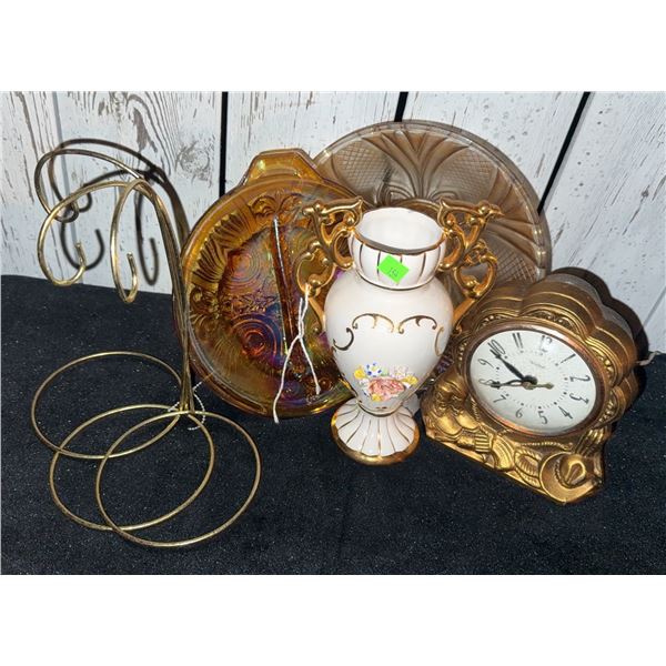 Lot: Carnival Glass Plates, Porcelain Vase, Metal Clock, and Brass Stand