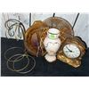 Image 1 : Lot: Carnival Glass Plates, Porcelain Vase, Metal Clock, and Brass Stand
