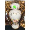 Image 2 : Lot: Carnival Glass Plates, Porcelain Vase, Metal Clock, and Brass Stand
