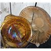 Image 4 : Lot: Carnival Glass Plates, Porcelain Vase, Metal Clock, and Brass Stand