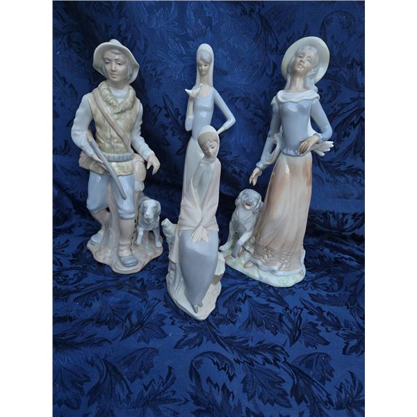 4 Spanish Porcelain Figurines, D'Art and Tengra, Woman, Hunter, Lady, Seated Figure