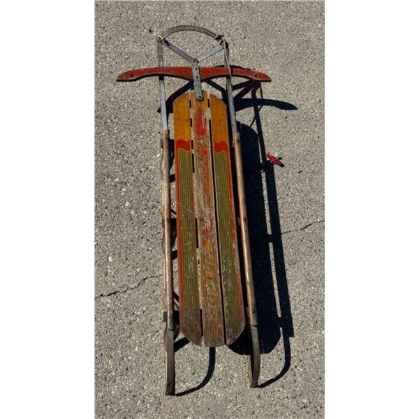 VINTAGE HIAWATHA WOODEN AND METAL SNOW SLED WITH A STEERING CROSSBAR