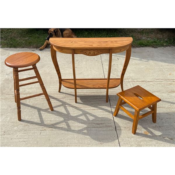 HALF-MOON CONSOLE TABLE, SWIVEL BAR STOOL, AND WOODEN STEPSTOOL