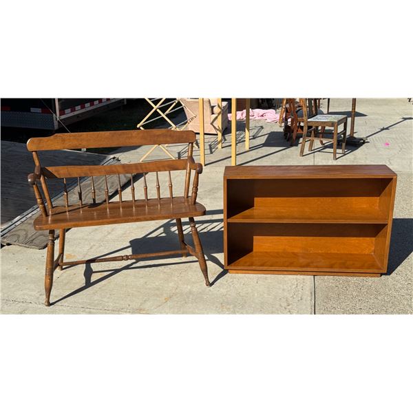 HEIRLOOM BENCH BY ETHAN ALLEN AND VINTAGE MID-CENTURY STREAMLINE MODERNE LOW 2-TIER WOOD BOOKSHELF