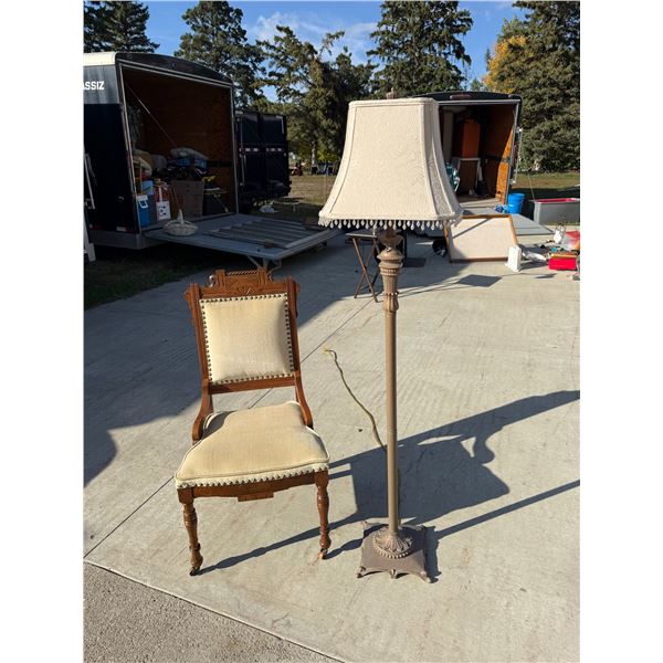ANTIQUE VICTORIAN/EASTLAKE UPHOLSTERED CHAIR AND VINTAGE FLOOR LAMP