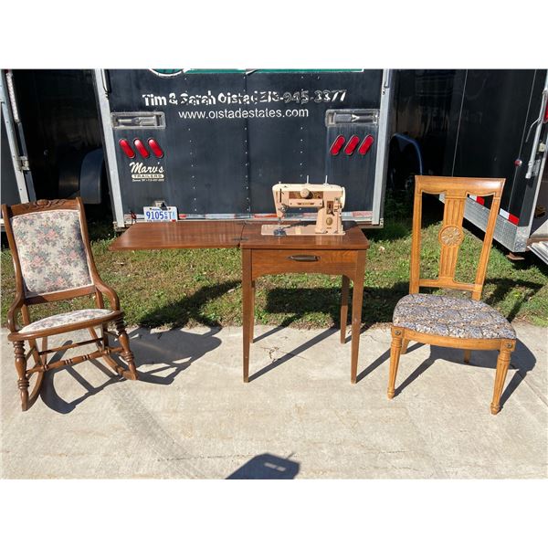 ANTIQUE ROCKER, MEDALLION BACK CHAIR, VINTAGE SINGER SEWING MACHINE