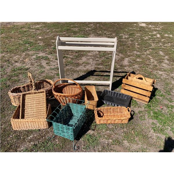 WOODEN QUILT/BLANKET RACK AND BASKETS/CRATES