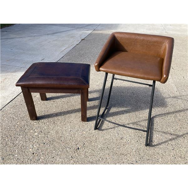 INDUSTRIAL-STYLE BAR OR COUNTER STOOL AND LEATHER-TOPPED FOOTSTOOL