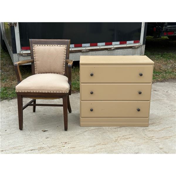 CHEST OF DRAWERS/DRESSER AND UPHOLSTERED WOODEN ARMCHAIR