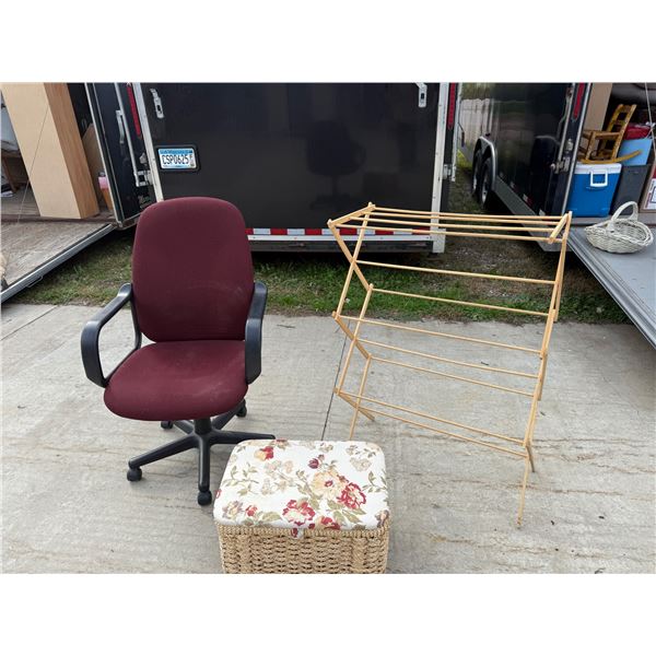 OFFICE CHAIR, SEWING BASKET, AND DRYING RACK