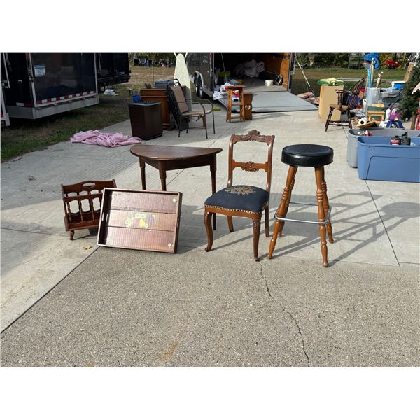 ANTIQUE CARVED MAHOGANY AND NEEDLEPOINT SIDE CHAIR, DEMI-LUNE TABLE, VINTAGE WOODEN SERVING TRAY, BA