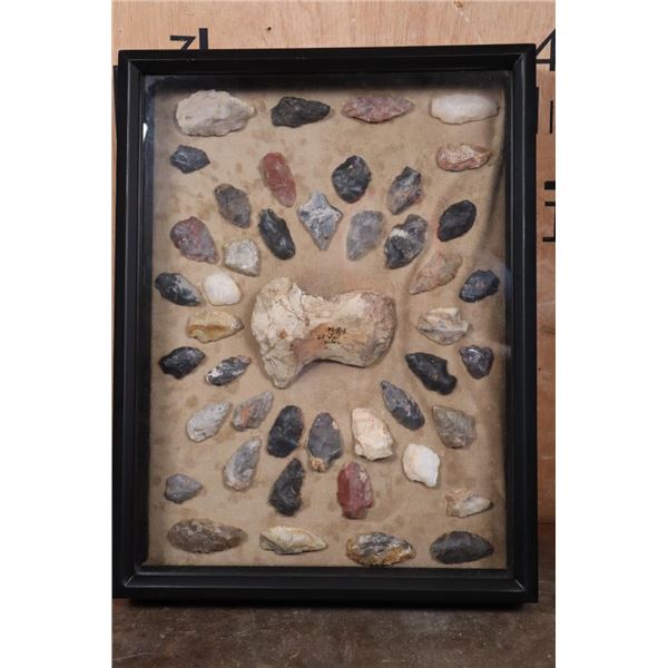 (44) Prehistoric Native American ARROWHEADS with an AXE Head Artifact in a Display Frame