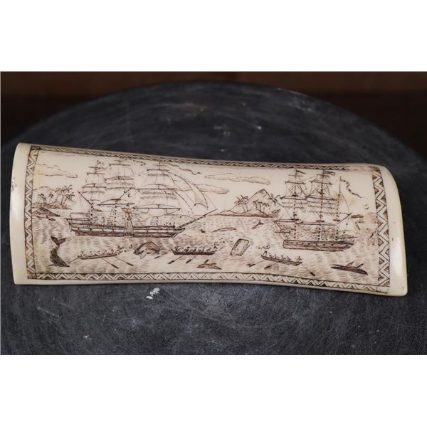 Scrimshawed Bone SCULPTURE "The Whaler Indian Off Tahiti"