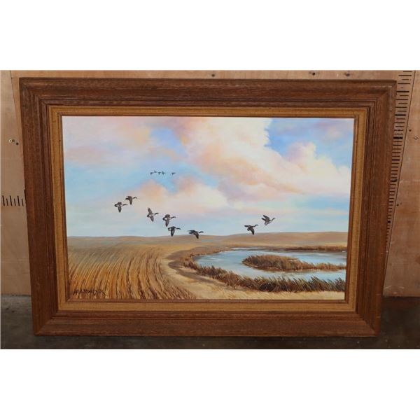 Original Signed Sam A. Roberts Jr. Painting of Waterfowl on Canvas in a Wood Frame