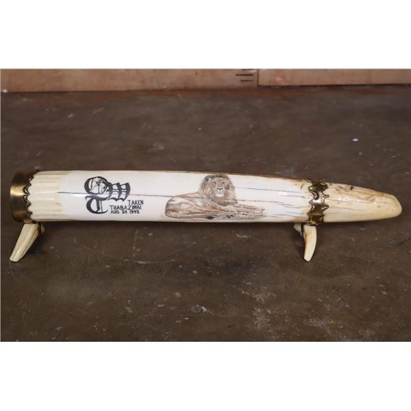 XXL Scrimshawed HIPPOPOTAMUS Tusk Featuring a Lion with a Custom Display Stand