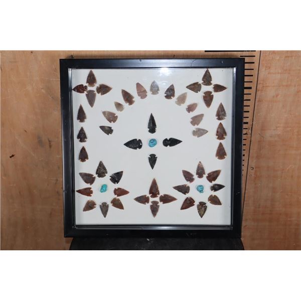 (38) Native American ARROWHEADS with (3) Turquoise Pieces in a Display Frame