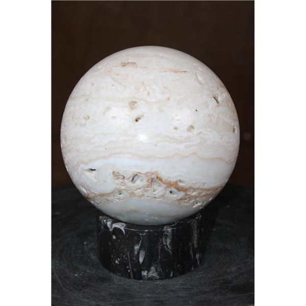 XL PICTURE JASPER Mineral Sphere with an Orthoceras Fossil Stand